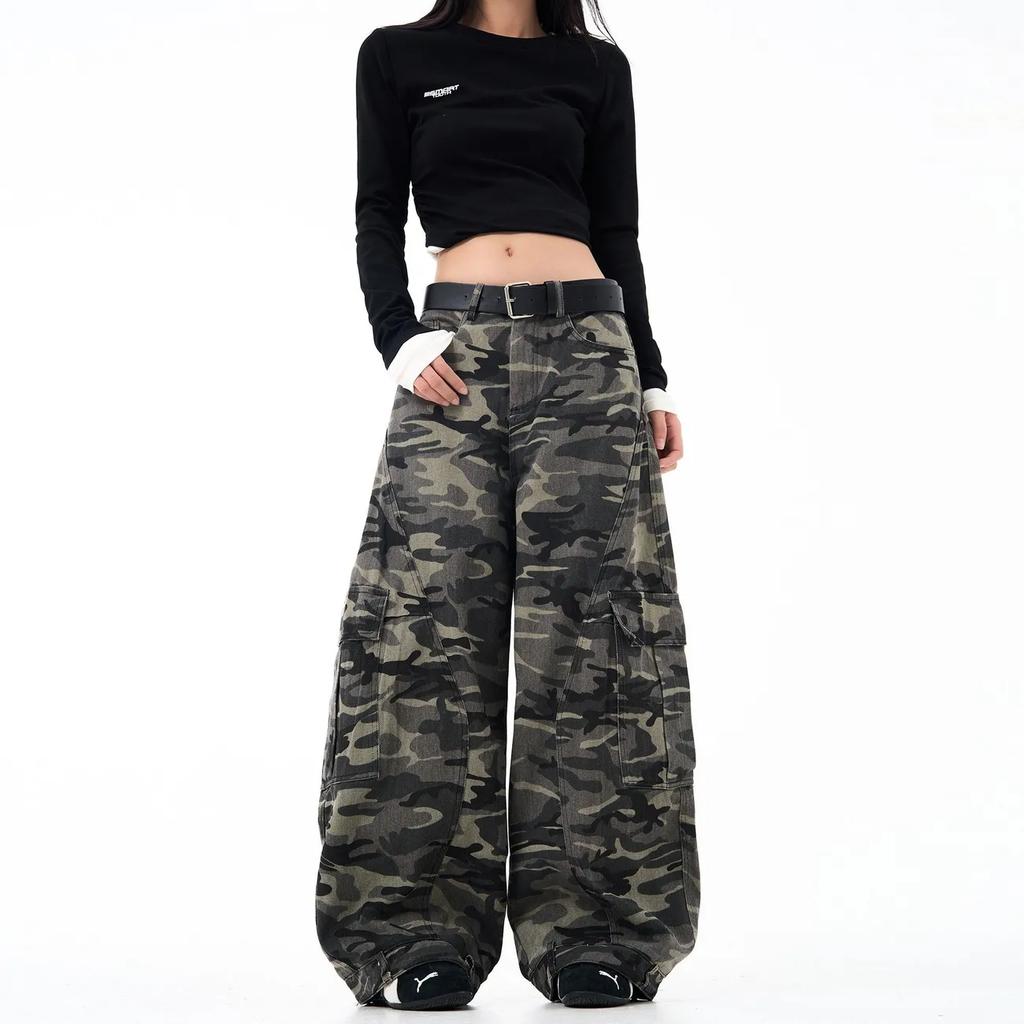 Women's Large Pocket Curved Wide Leg Camouflage Cool Girl Street Straight Bottoms Female Summer Unisex Loose Trousers