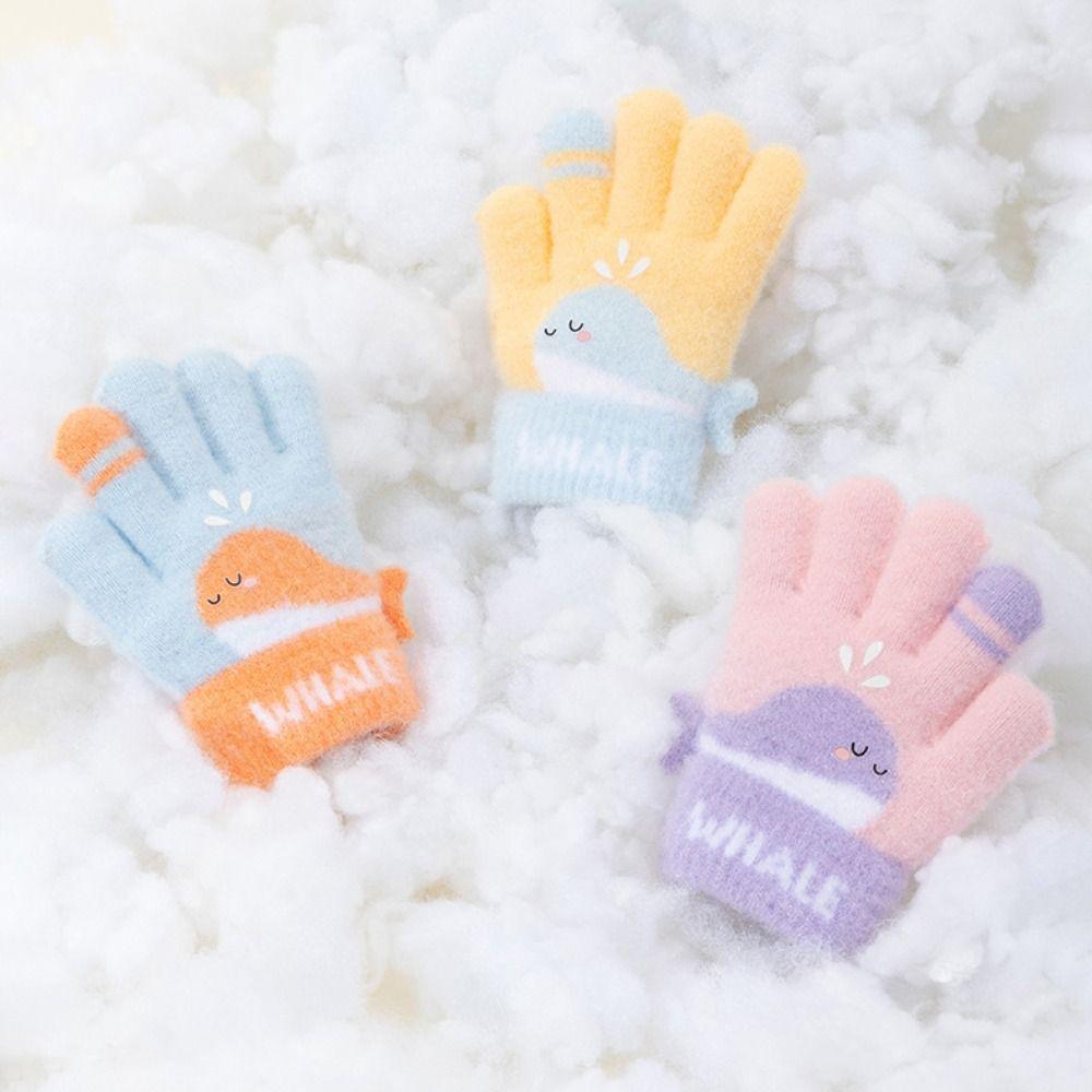 Cute Whale Winter Knitted Gloves Warm Plush Kids Gloves Cartoon Five-finger Gloves  Outdoor