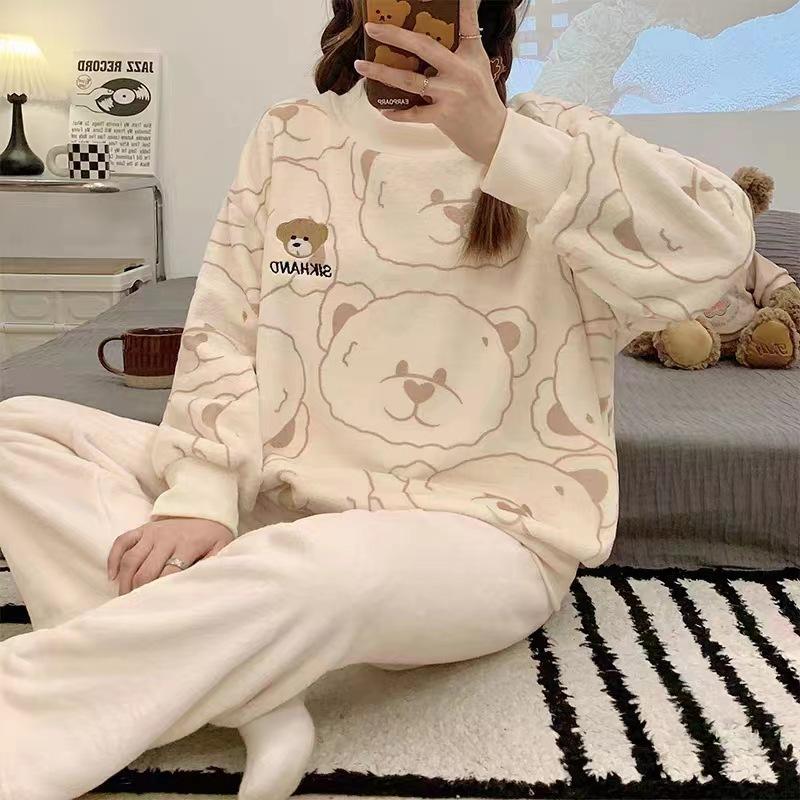 Autumn Warm Round Neck Long Sleeve Two Piece Outfit Set Women Plush Home Clothes Women Cute Printing Pajamas Girls