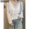 Spring and Autumn V-neck Loose Lazy Style Casual Top Black Hollow Thin Long Sleeve Knitted Shirt for Women