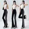 Women's Black Striped High-Waist Flared Pants with Pockets - Slim Fit, Loose, Fashionable for Spring and Autumn.