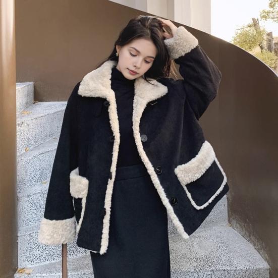 Women Winter Jacket Retro Fleece Contrast Color Thickened Plush Outerwear High Collar