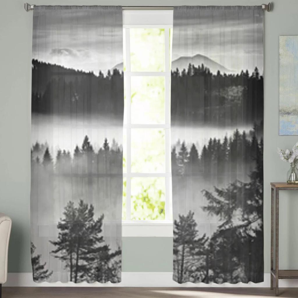 Black And White Fog In Mountains Sheer Curtains Bedroom Voile Curtain Living Room Window Sheer Curtains Kitchen Tulle Drapes