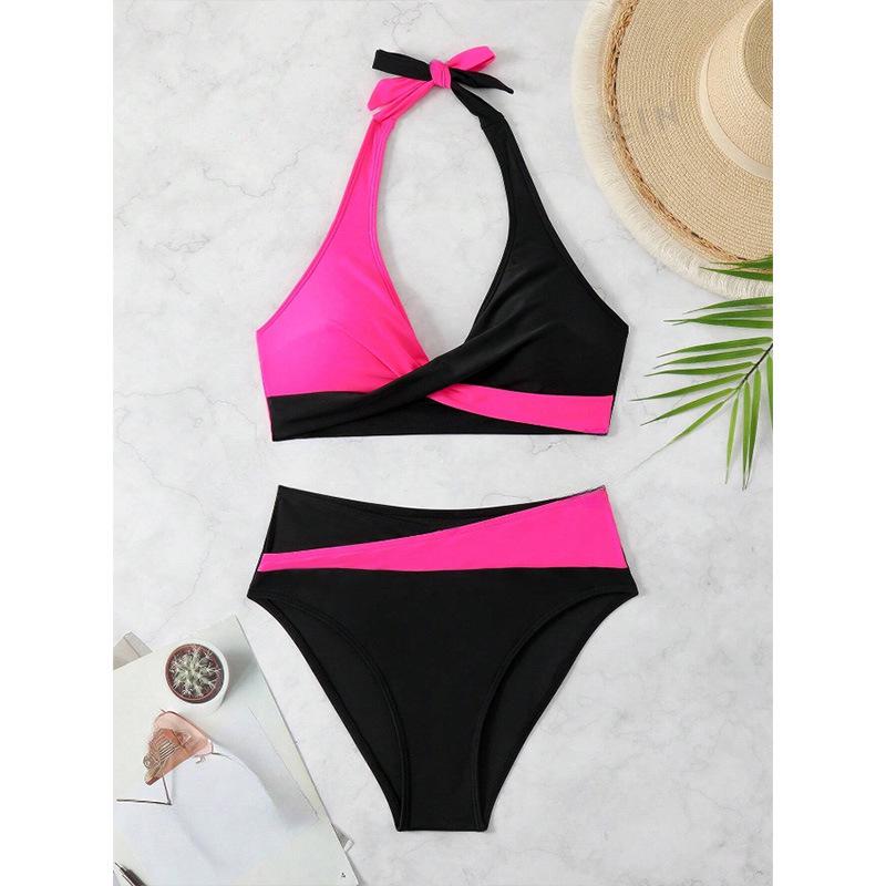 Women's European & American Color Block Backless High Waist Bikini Set
