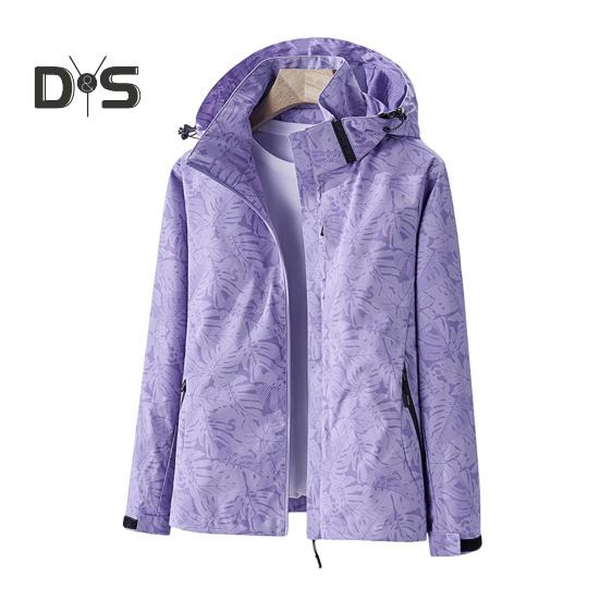 Women Jacket Stand Collar Detachable Hood Long Sleeve Casual Coat with Pockets Maple Leaves Print Zipper Placket Outwear