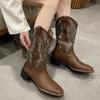 2024 New Winter Mid-calf Embroidered Boots for Women Square Toe Fashionable and Comfortable Thick Heel Short Knight Boots