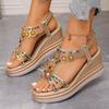 Fashion Women's Colorful Beaded Bohemian Wedge Sandals Thick Sole Non Slip Summer Beach Shoes Woman Retro Flower Chunky Platform Sandals