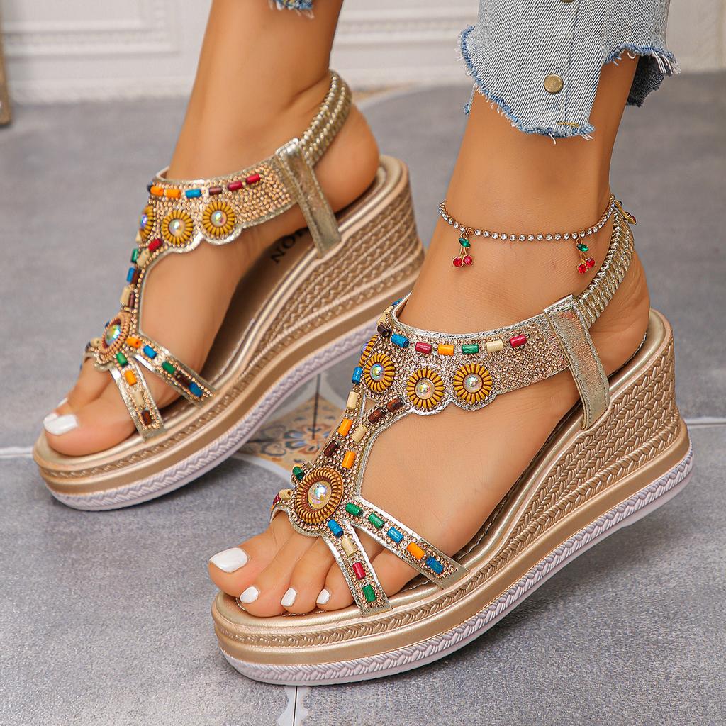 Fashion Women's Colorful Beaded Bohemian Wedge Sandals Thick Sole Non Slip Summer Beach Shoes Woman Retro Flower Chunky Platform Sandals