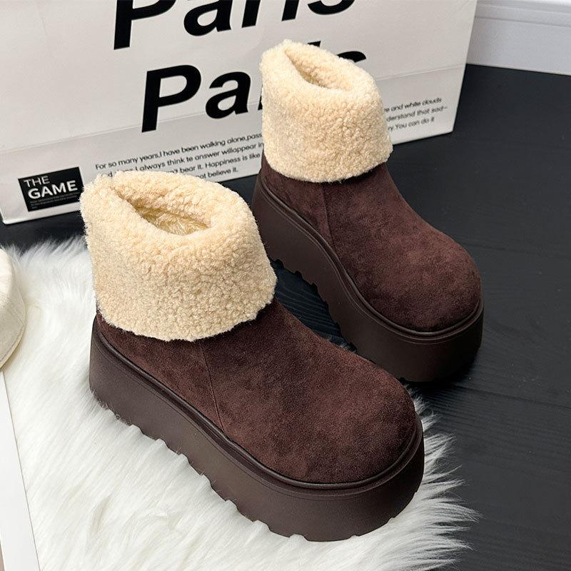 Thick-soled Heightening Snow Boots Women's New Winter Plush Warm Fluffy Short Boots Fashionable Ugly and Cute Big-headed Cotton Shoes
