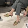 Fashion Square Head Open Toe Thin with Gold Flip-flops Women Wear Summer New High Heels Half Drag Fairy Wind Flip-flops