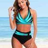 Women's Shoulder Strap Swimsuit, Blue Colorful Printed Bikini Short Tank Top Swimsuit