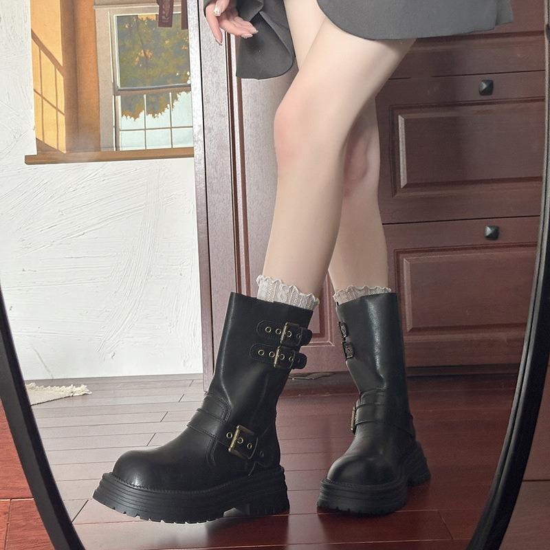 Martin Boots Women's Autumn and Winter New Thick Heel Belt Buckle Round Head Thick Sole Retro Western Cowboy Boots Locomotive Boots