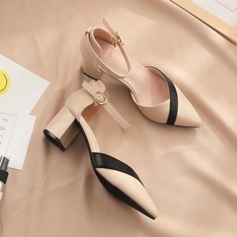 Single Shoes Female Elegant Style Sandals Fairy Thick Heel New Pointed Middle Heel Fashion One-button High Heels