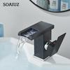 Black Tall LED Waterfall Basin Bathroom Faucet Deck Mounted Hot Cold Water Mixer Taps Three Color Change By Water Flow