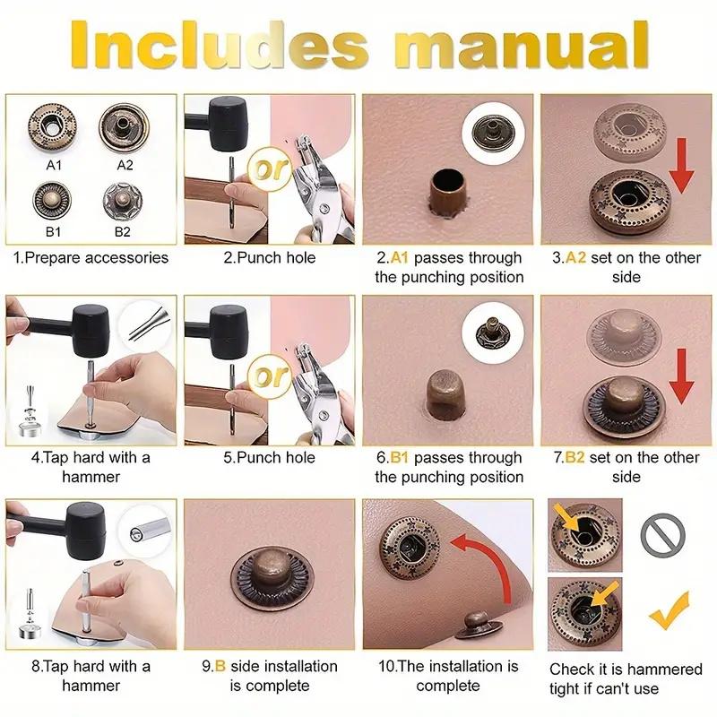 120pcs Leather Snap Fasteners Kit Metal Button Press Studs With Installation Tools Hammer For DIY Leathercraft Clothing Jeans