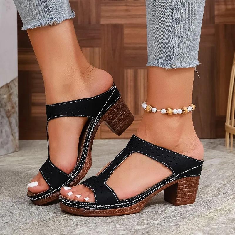 2025 Summer New Open Toe Women’s Slippers Round Toe Chunky Heels Outdoor Sewing Sandals for Hot Sale Plus Size Daily Slippers