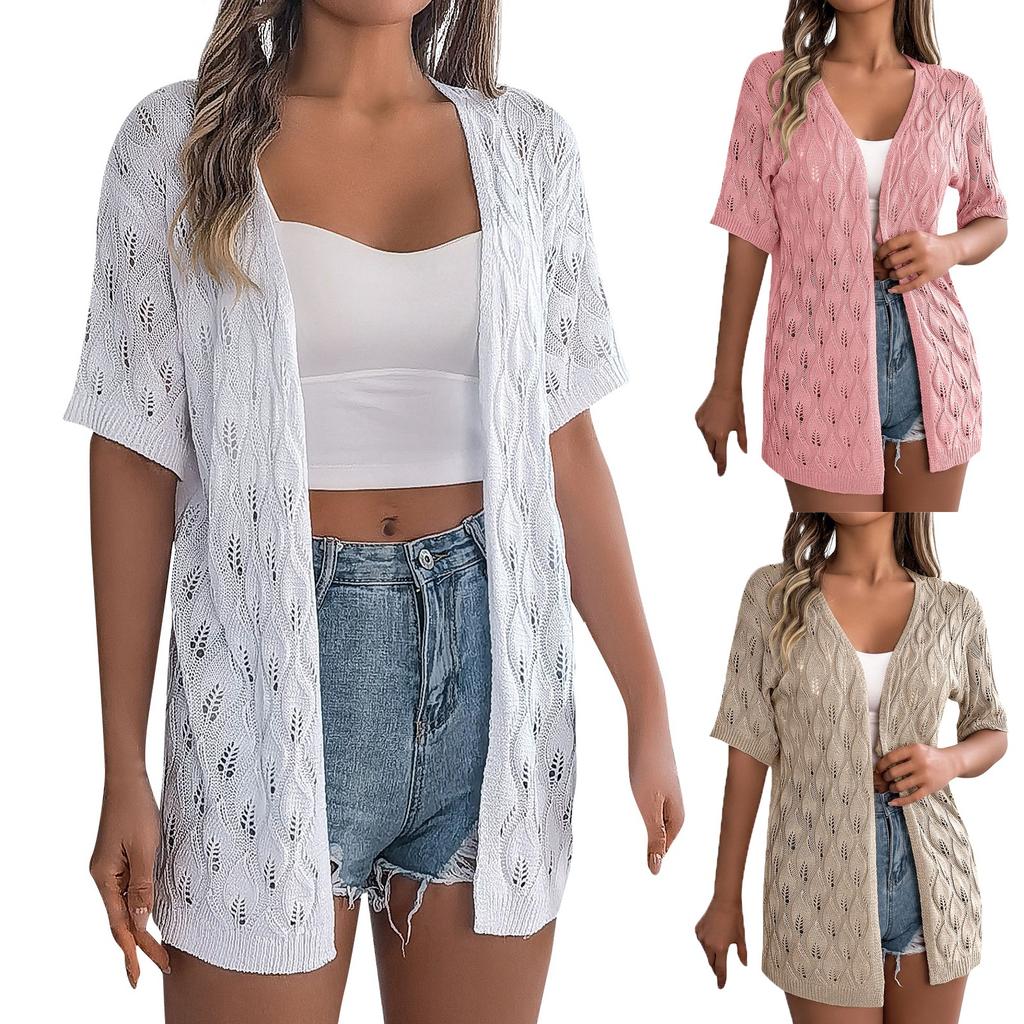 Women's Fashion Casual Hollow Short Sleeve Knitted Vacation Sunscreen Shirt Solid Color Cardigan Jacket