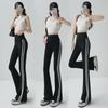 Women's Black High-Waist Flared Stripe Pants - Loose Fit, Bell-Bottom Style with Pockets for Spring and Autumn