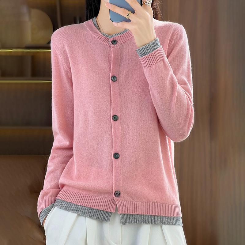 IHUASU Patchwork Wool Knitted Cardigan Women's Spring and Autumn Simple Versatile Bottoming Shirt Jumper Coat