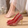 Red Crystal Wedding Shoes Women's Chinese Xiuhe Wedding Dress Two Wear Bridal Engagement Shoes Not Tired Feet Bow High Heels