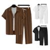 2 шт./комплект мужской повседневный наряд однобортная рубашка с лацканами короткий рукав эластичный пояс длинные брюки комплект однотонный наряд