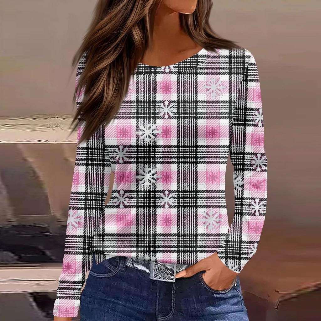 Women's Fashion Hem Slit Casual Christmas Printed Round Neck Long Sleeve Top