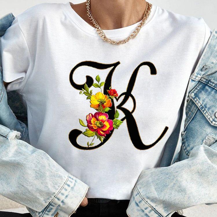 Custom Name Letter Combination Tops Fashion Women T-Shirt Rose Flower Heart Letter Font A B C D Short Sleeve Tees Black T-Shirt