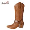 Plus Size 35-48 Retro Punk Embroidered Sewing Western Boots Women Pointy Toe Belt Buckle Metal Chain Chunky Heels Mid-calf Boots