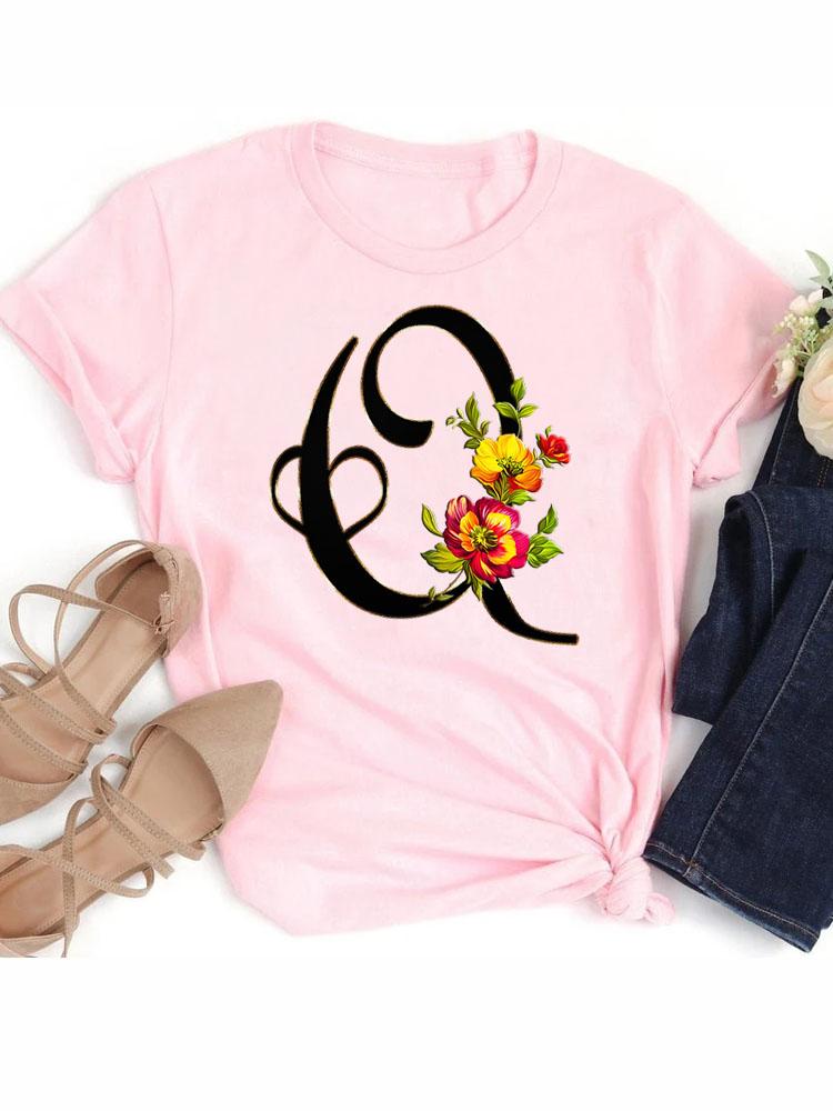 Custom Name Letter Combination Tops Fashion Women T-Shirt Rose Flower Heart Letter Font A B C D Short Sleeve Tees Black T-Shirt