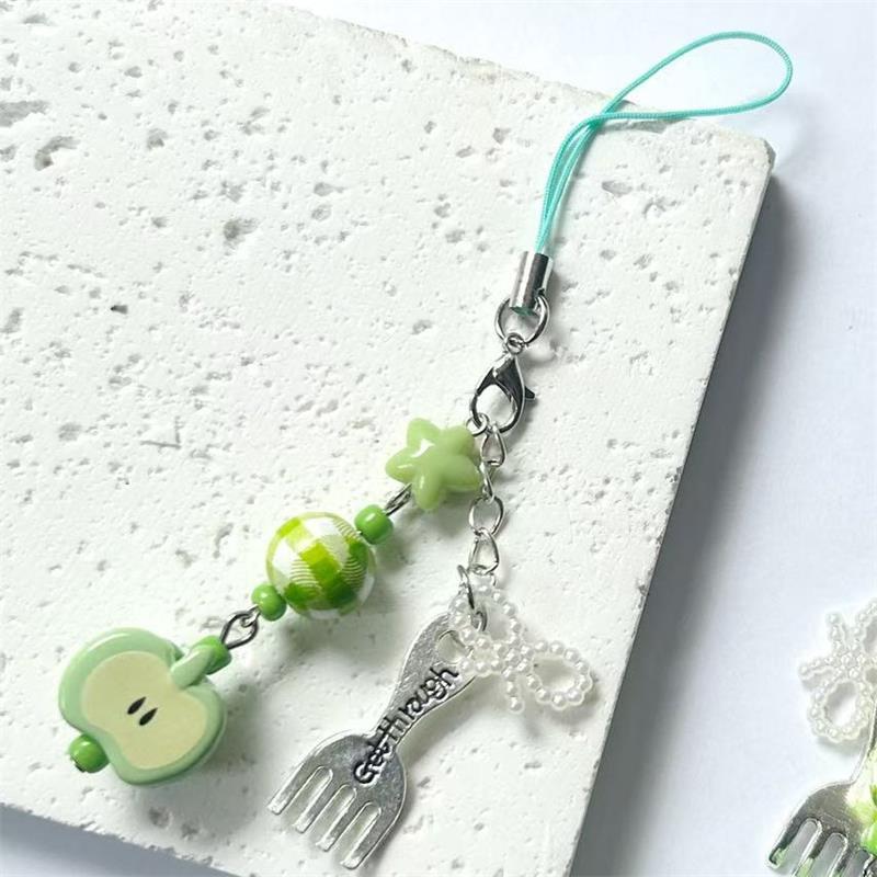 Cute Sweet Green Apple Star Bow Beads Keychain Pendant Mobile Phone Strap Lanyard Backpack Charm Bag Hanging Ornament Girly Gift