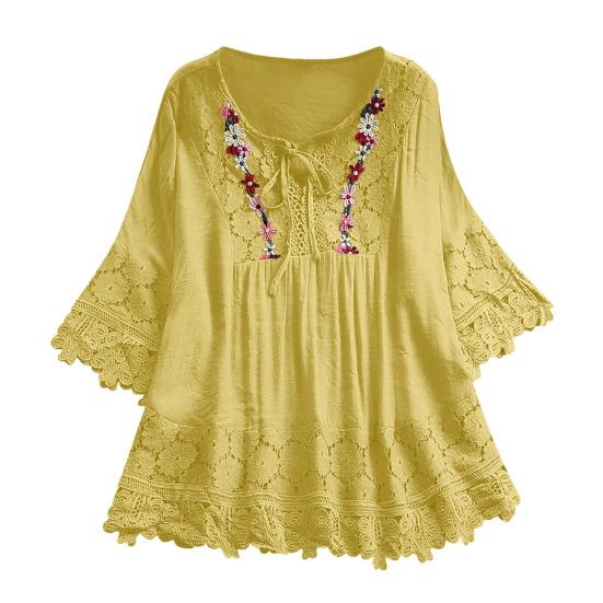 Women Shirt V-neck Lace-up Half Sleeve Pullover Tops Solid Color Loose Fit Embroidery Lace Flower Splicing Shirt