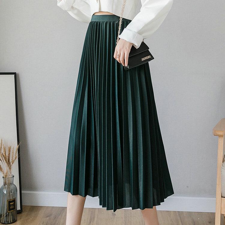 Qooth Elegant A Line Pleated Skirt Spring Summer Long Skirt Women Casual High Waisted Maxi Skirts JM0001