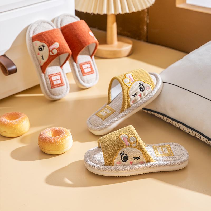 "Adorable Summer Bunny & Bear Kids' Indoor Linen Slippers for Boys and Girls"