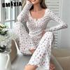 Women's Long Sleeve V-Neck Pajamas Small Floral Print Lettuce Rolled Pants Loungewear Set