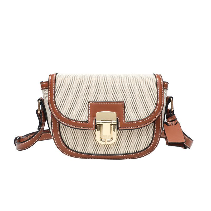 Retro Saddle Bag Canvas Leather Splicing Crossbody Metal Buckle Decoration Shoulder Hundred Niche Armpit Bag