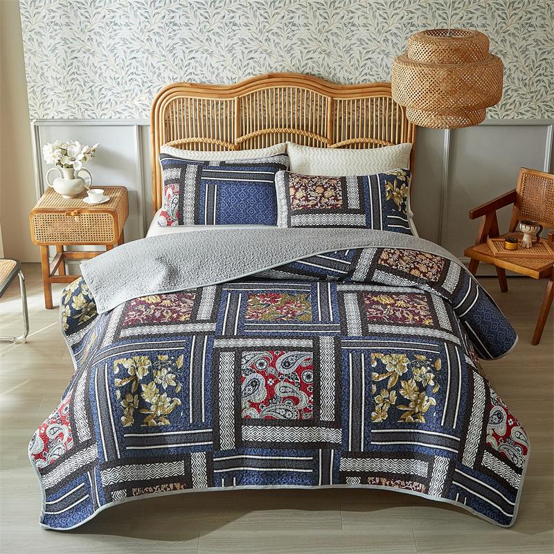 3pcs Set Ultrasonic Wash Cotton Printed Pastoral Quilted Bedspread Soft Breathable Bedsheet with 2 Pcs Pillowcase