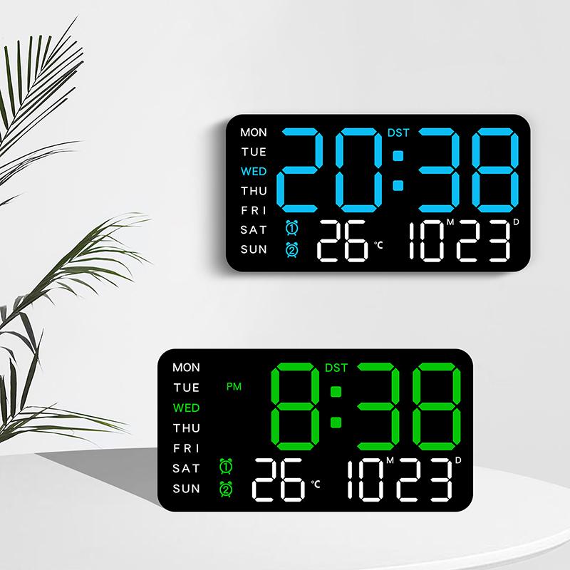 USB Powered LED Digital Wall Clock Voice Control Temperature Date Week Snooze Dual Alarm Clock DST Brightness Adjustment 12/24H