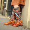 Genuine Leather Women Shoes Fashion Printed Colorful Spliced Lace Up Thick Heel Mid-calf Boots