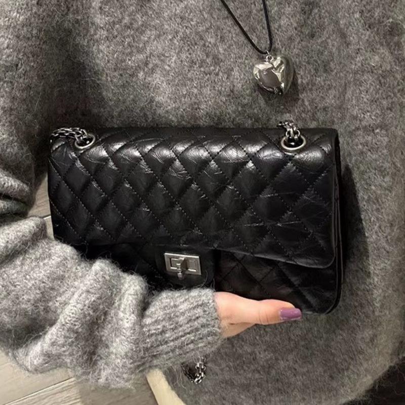 Rhombus Chain Leather Women's Bag Personalized Burst Pattern First Layer Cowhide High-end Commuting Shoulder Messenger Bag