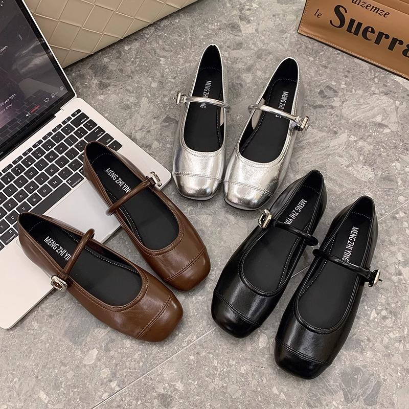Silver Mary Jane light mouth single shoes women's spring new Korean version square head French fairy style soft sole Doudou shoes