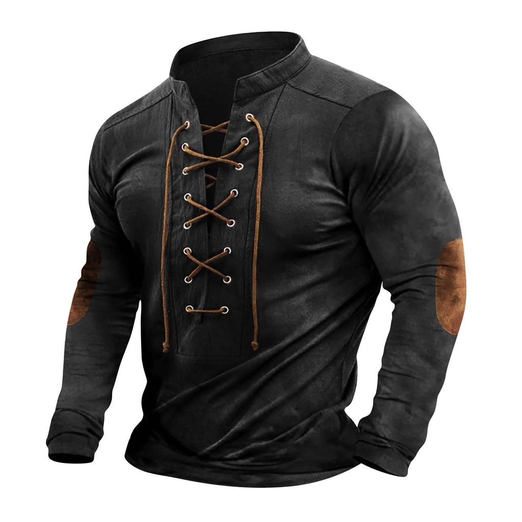 Men's Vintage Outdoor Sports Long Sleeve Top Lace-Up Stand Collar Shirt
