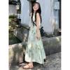 Green Printed Neck Dress Women's Leisure New Summer Seaside Vacation Floral Temperament Long Skirt