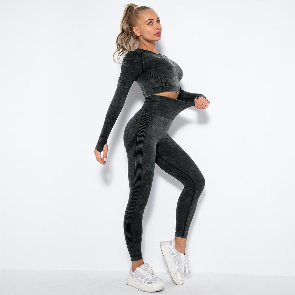 Women Seamless Washed Peach Hip Lifting Sports Running Fitness O Neck Long Sleeve Pant Suits