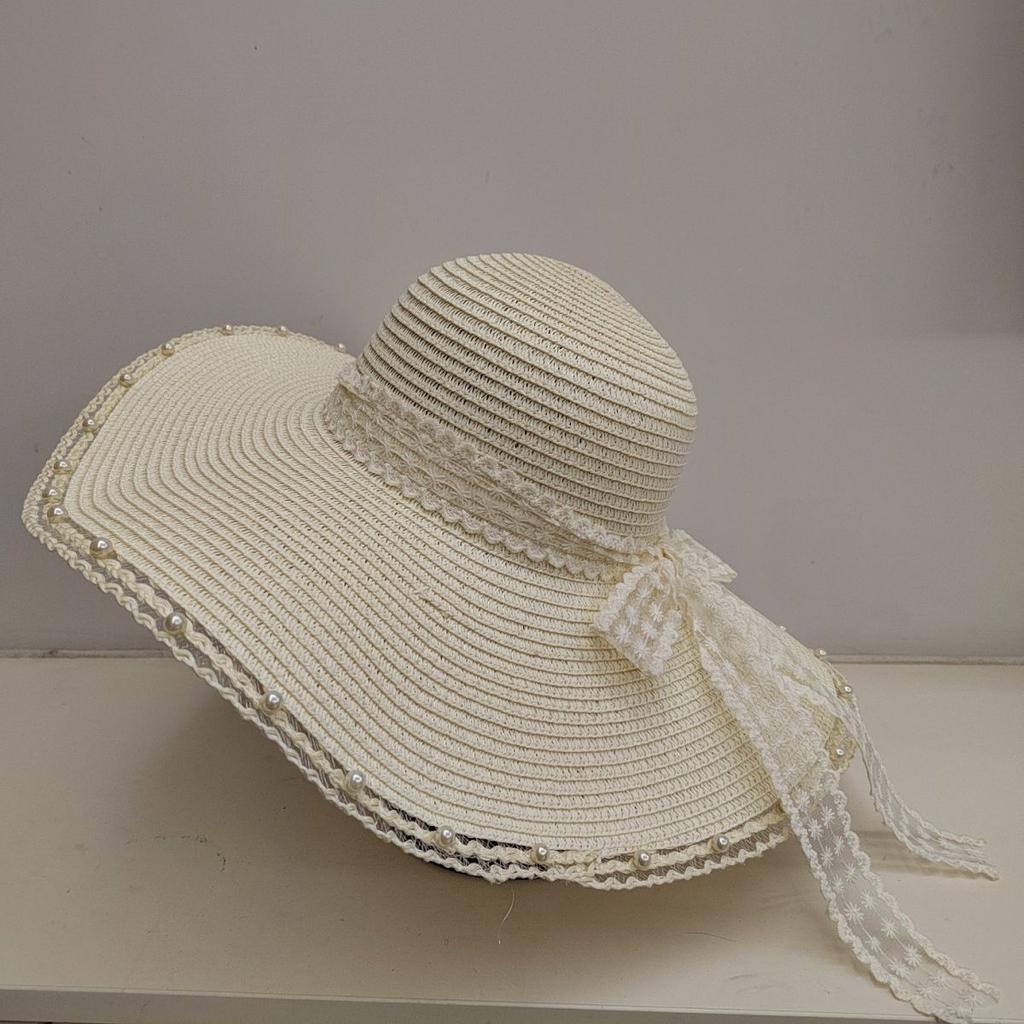 Summer New Sun Hat Bow Grass Hat Sun Protection Vacation Lace Travel Hat Beach Fashionable Fisherman Hat