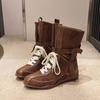 Martin Boots Women's 2025 New Korean Version Niche Round Head Lace-up Medium Boots Niche Design Retro Brown Boxing Boots