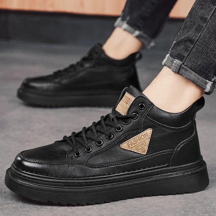 Spring New High-top Martin Boots Men's Trendy Versatile Thick-soled Casual Leather Shoes Workwear Shoes Trendy Shoes Men