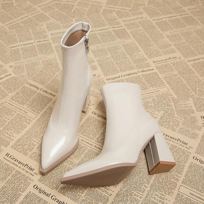 Autumn Womnen's High Heel Ankle Boots New Winter Plus Velvet Pointed Toe Chunky Heel Chelsea Boots for Women Heeled Sheos Dress
