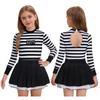 Girls Striped Prisoner Dress Ruffled Puffy Tutu Skirt Back Cutout Round Neck Long Sleeve Costume Play