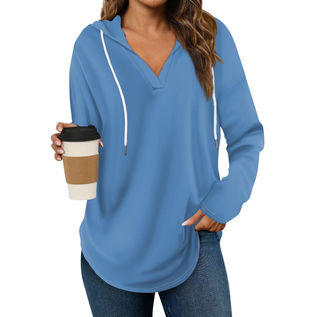 Women's Fashion Hoodies V Neck Long Sleeve Solid Drawstring Casual Loose Pullover Tops