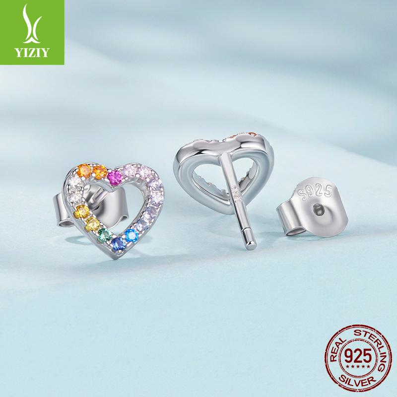 Colorful Zircon Love Stud Earrings Women'S Fashion Light Luxury S925 Sterling Silver Heart Stud Earrings